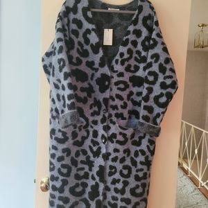 Ragdoll coat, L, w tags, leopard print on blue wool, button front, pockets.